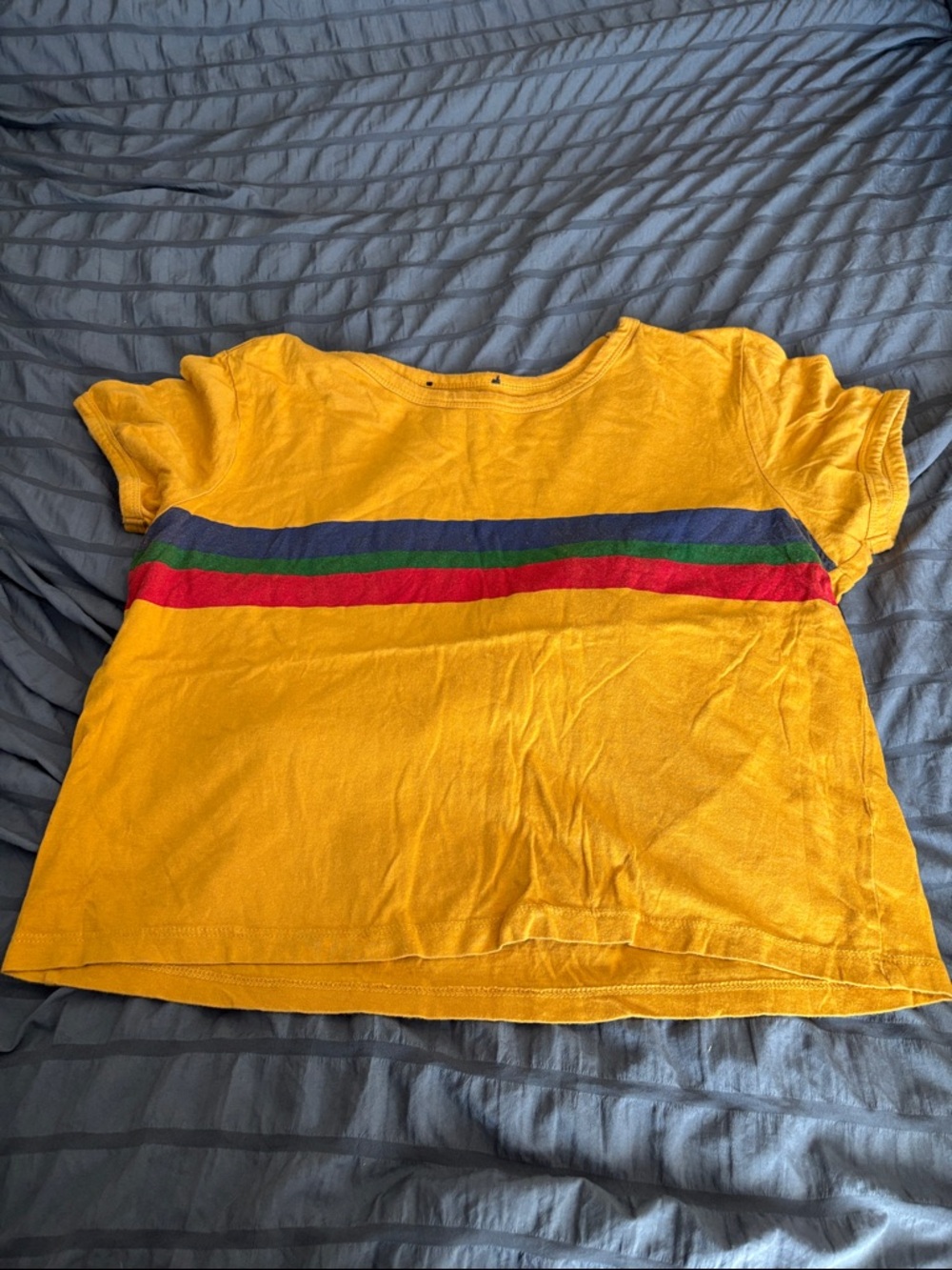 Amazon Yellow Crop Top with Blue, Green & Red Stripes